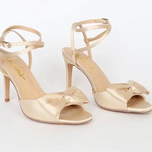 Reece Champagne Satin Bow Ankle Strap Heels from Lulu’s size 8